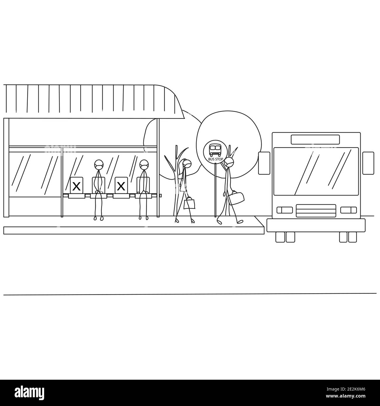 Nuovo concetto di vettore normale: Persone d'affari in attesa del bus che viene applicando la distanza fisica per evitare covid-19 Illustrazione Vettoriale