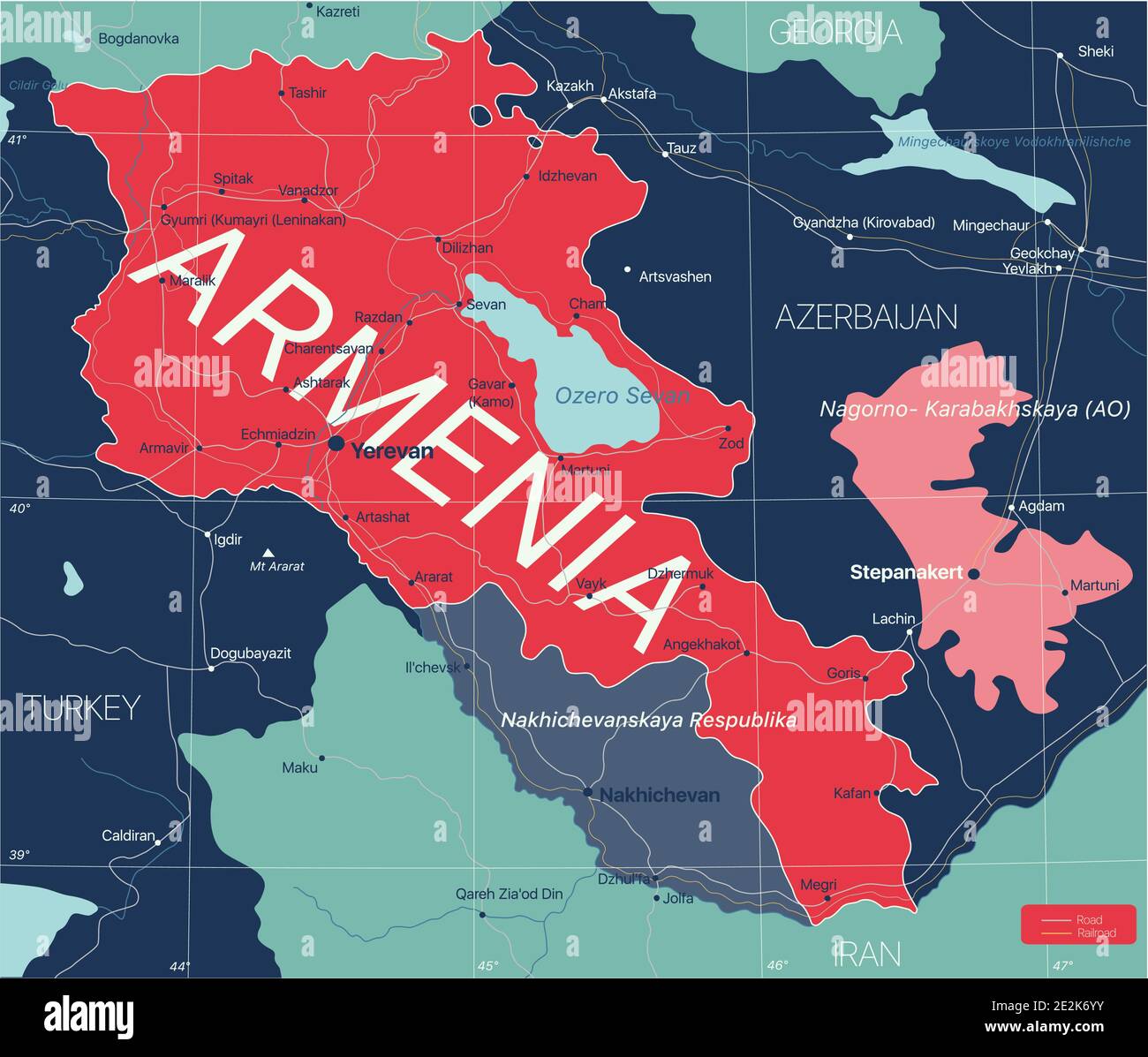 Paese Armenia Mappa dettagliata modificabile con città e città, strade e ferrovie. File vettoriale EPS-10 Illustrazione Vettoriale