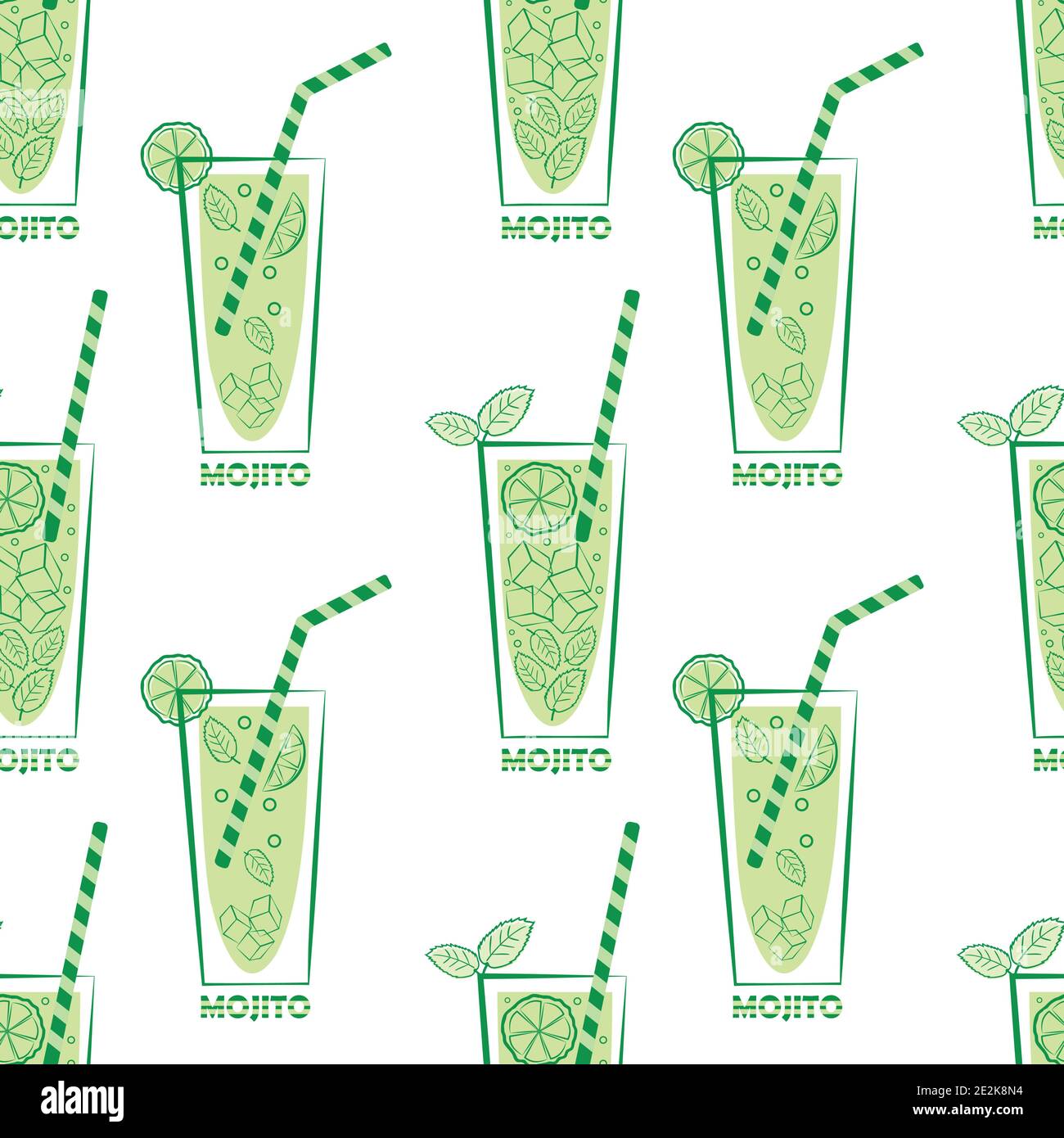 Vetro di Mojito e sfondo con motivo vettoriale senza giunture. Sfondo retro verde bianco con bicchieri da bibita, cannucce, agrumi, foglie di menta e. Illustrazione Vettoriale
