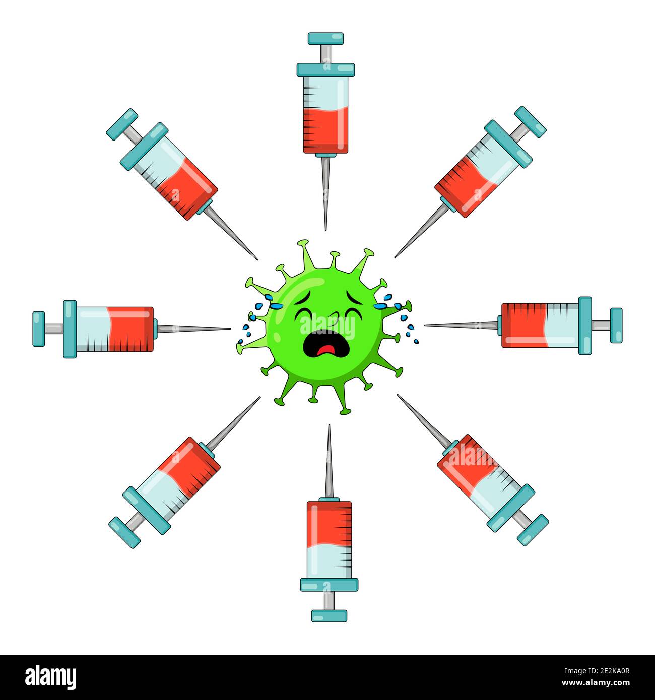 Covid-19 personaggio pianto e Be paura vaccinazione girato simbolo cartoon. Illustrazione vettoriale isolata su sfondo bianco. Illustrazione Vettoriale