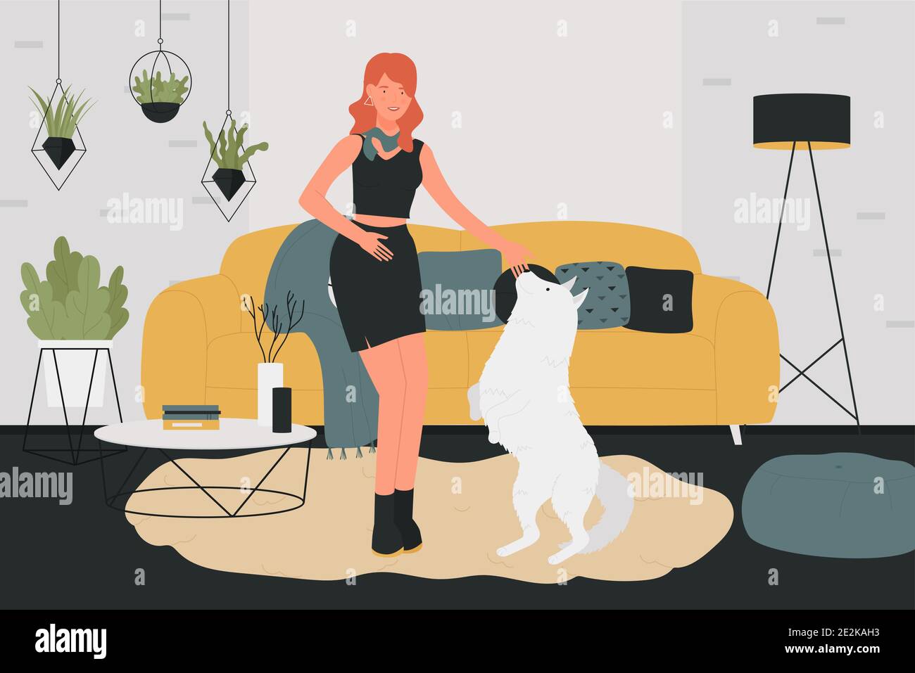 La ragazza gioca con il cane animale domestico a casa illustrazione vettoriale. Cartoon giovane proprietario di animale domestico che gioca con il proprio doggy nel salotto domestico interno, animale domestico in piedi sulle gambe posteriori, addestramento e amore per animale Illustrazione Vettoriale