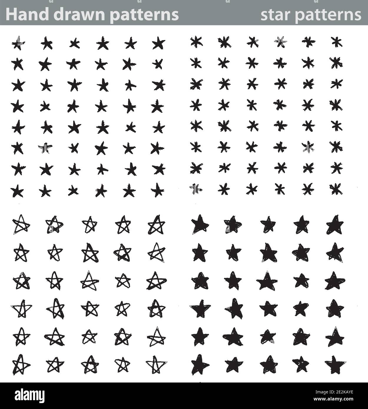 Quattro diversi motivi senza giunture realizzati con stelle disegnate a mano. Illustrazione Vettoriale