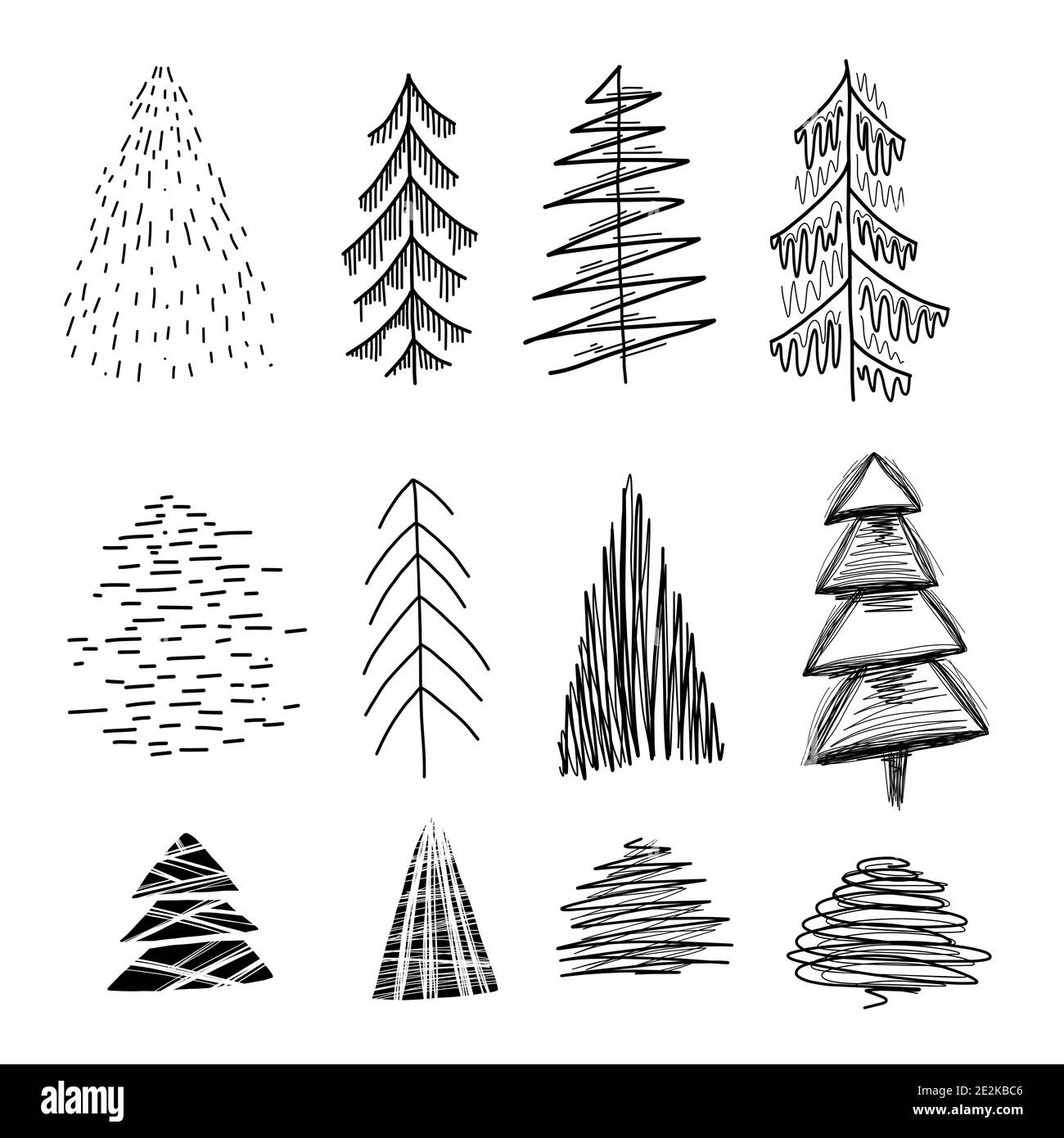 Set di vari semplici abeti lagom con schiusa. Alberi di Natale disegnati a mano. Elemento di inchiostro vettoriale per biglietti, francobolli, striscioni e la vostra creatività Illustrazione Vettoriale