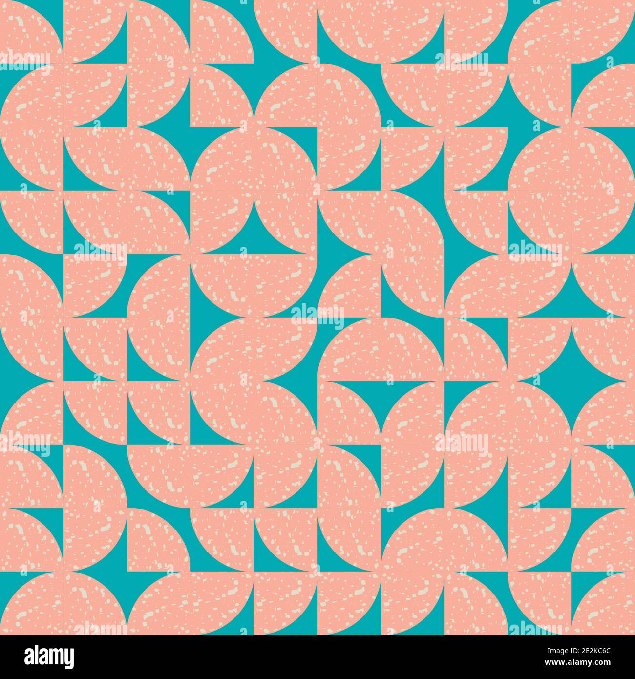 Vettore truchet geometrico terrazzo cerchio senza cuciture motivo sfondo. Sfondo blu rosa con forme circolari piastrellate casuali e una texture smerigliata grugnosa Illustrazione Vettoriale