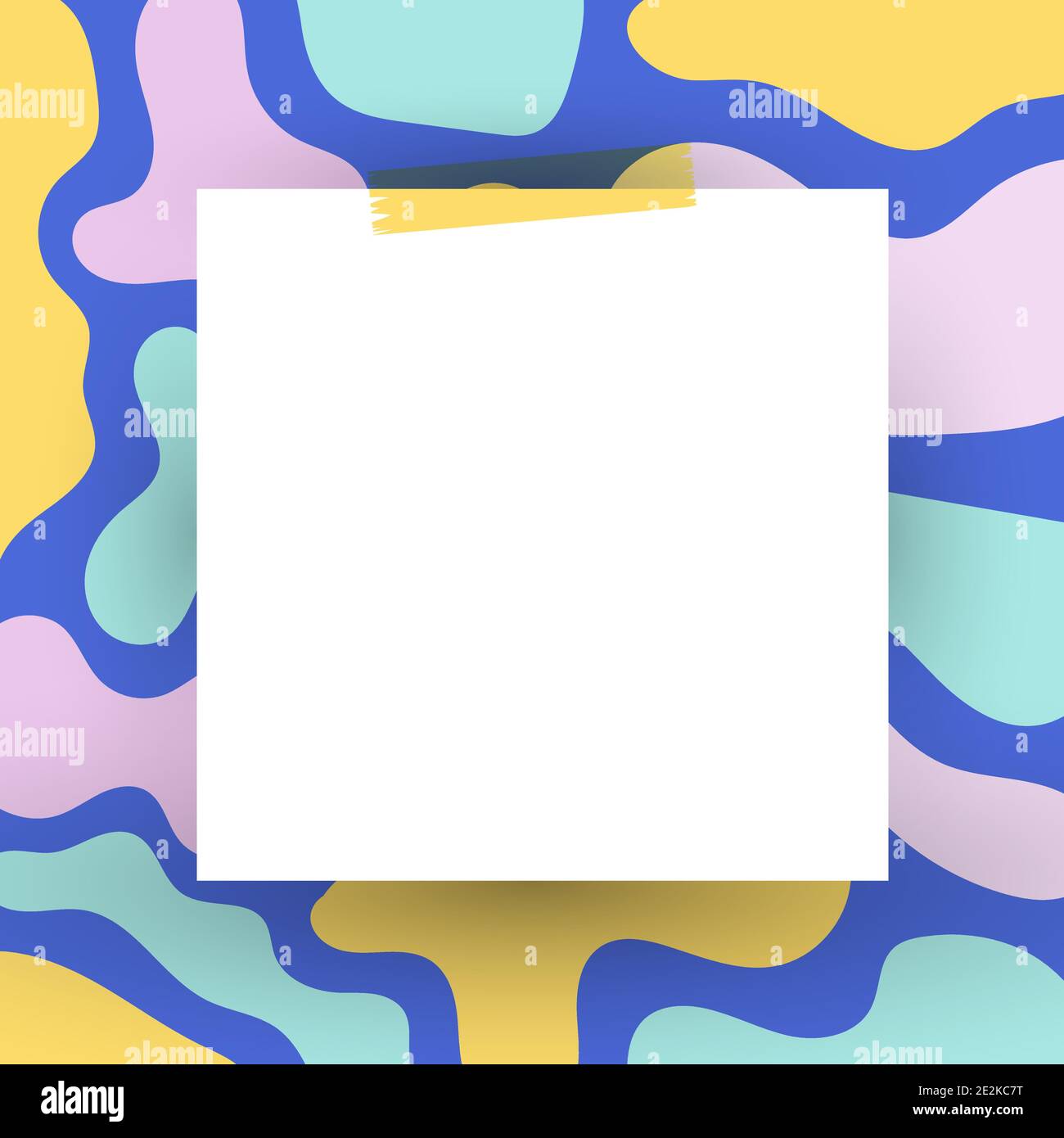 Foglio di carta vuoto con nastro di lavaggio su sfondo colorato forme arrotondate. Illustrazione vettoriale, design piatto Illustrazione Vettoriale