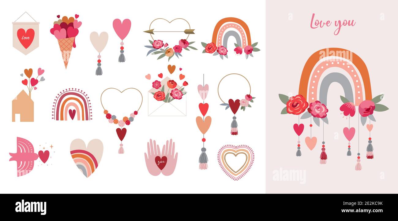 Collezione di illustrazioni per San Valentino. Set di icone e simboli d'amore piatti moderni, cuori, arcobaleni, decorazioni Illustrazione Vettoriale