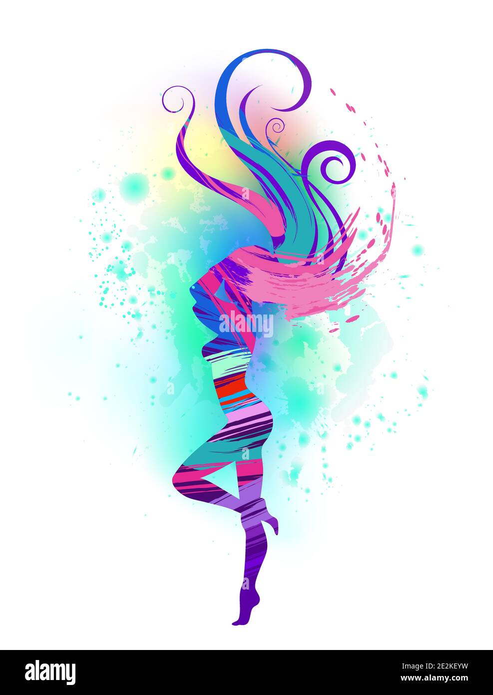 Ragazza danzante con capelli lunghi, dipinta con tratti di rosa brillante e viola su sfondo bianco. Donna. Illustrazione Vettoriale