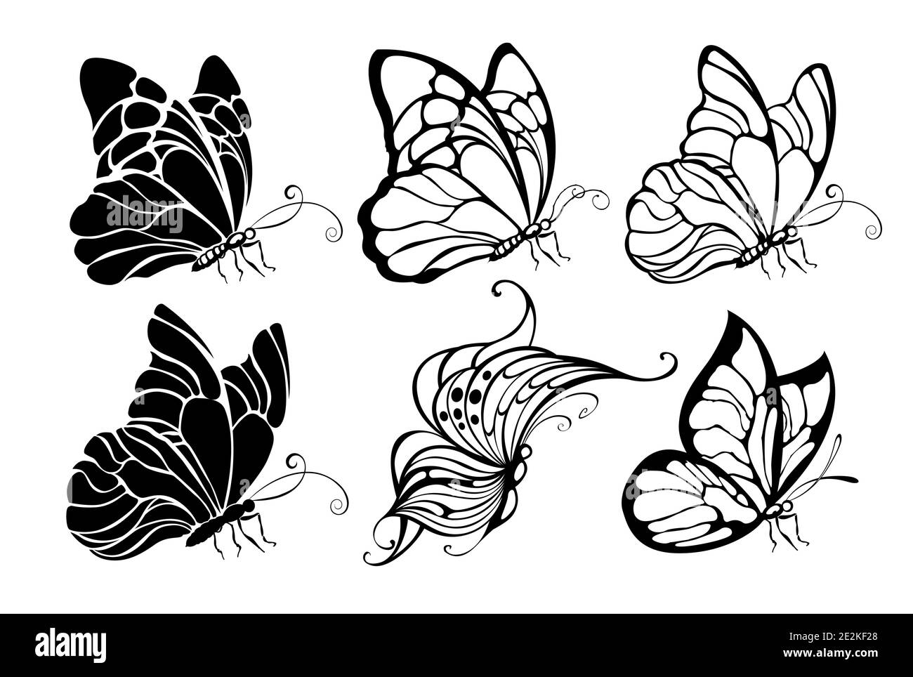 Set artisticamente disegnato, contornato, seduto, farfalle nere su sfondo bianco. Farfalle. Elemento di progettazione. Illustrazione Vettoriale
