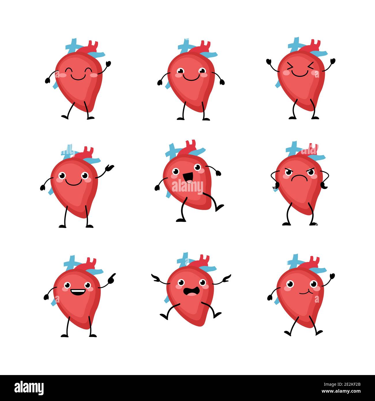 Carino cuore organi set di caratteri in uno stile cartoon piatto. Gli organi umani hanno le diverse emozioni. Illustrazione Vettoriale