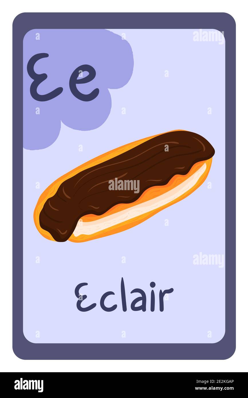 Carta educativa per l'alfabeto alimentare su sfondo viola, lettera e - Ecolair. Scuola, istruzione, studio, apprendimento. Lingua inglese. Illustrazione Vettoriale