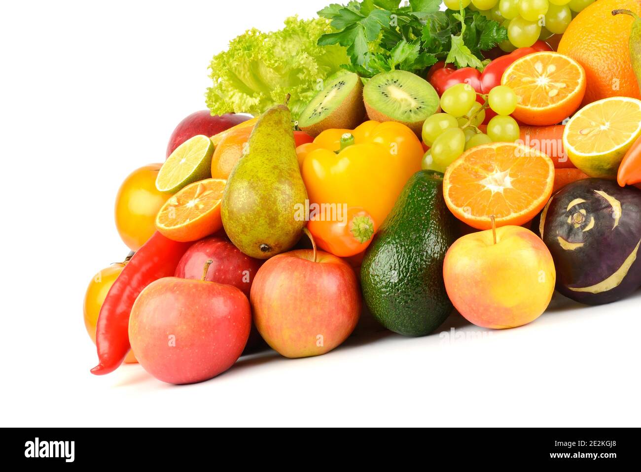 Composizione con frutta e verdura sane isolate su sfondo bianco Foto Stock