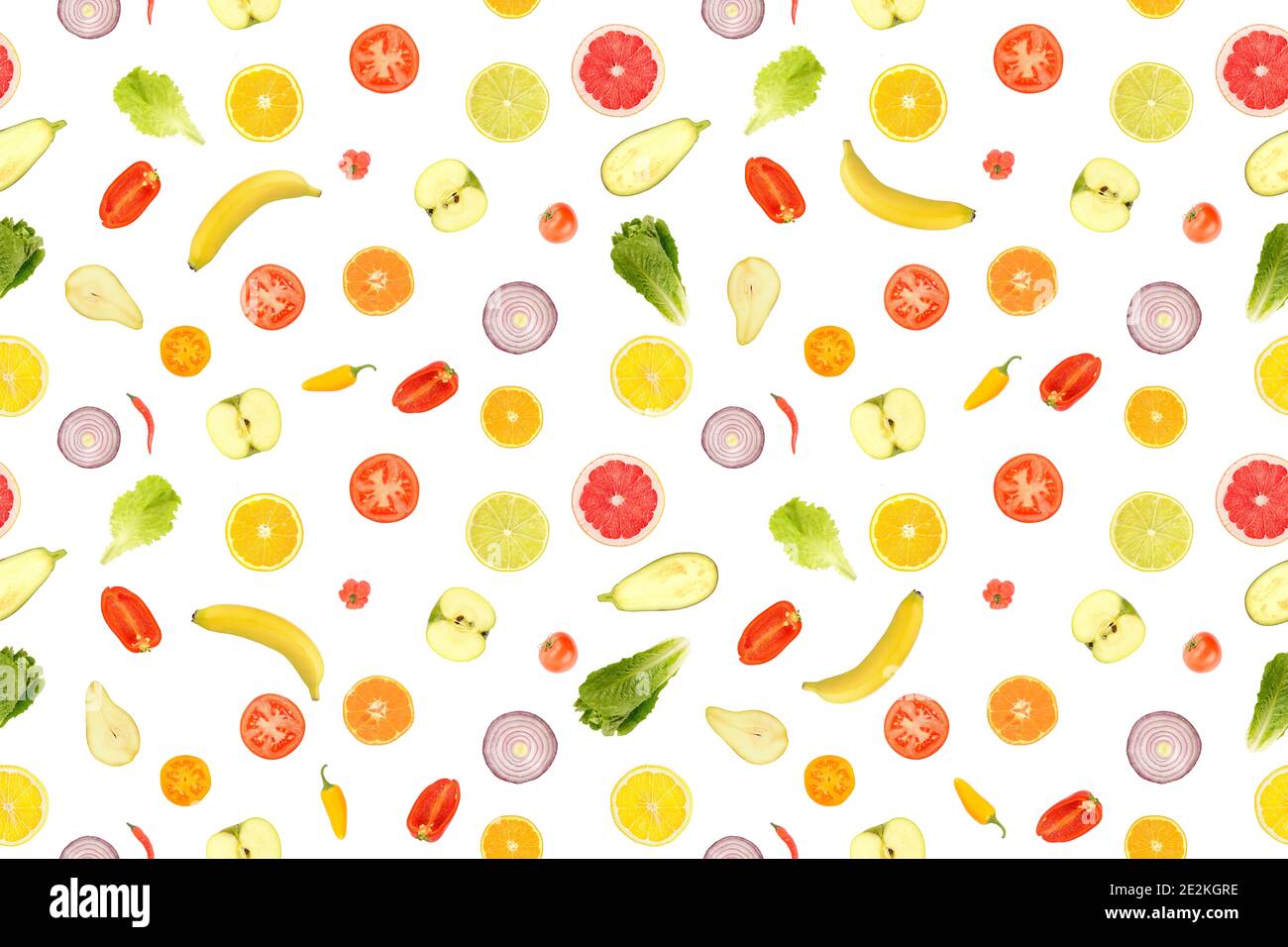 Motivo senza cuciture di verdure e frutta brillanti isolate su sfondo bianco. Grandi dimensioni. Foto Stock