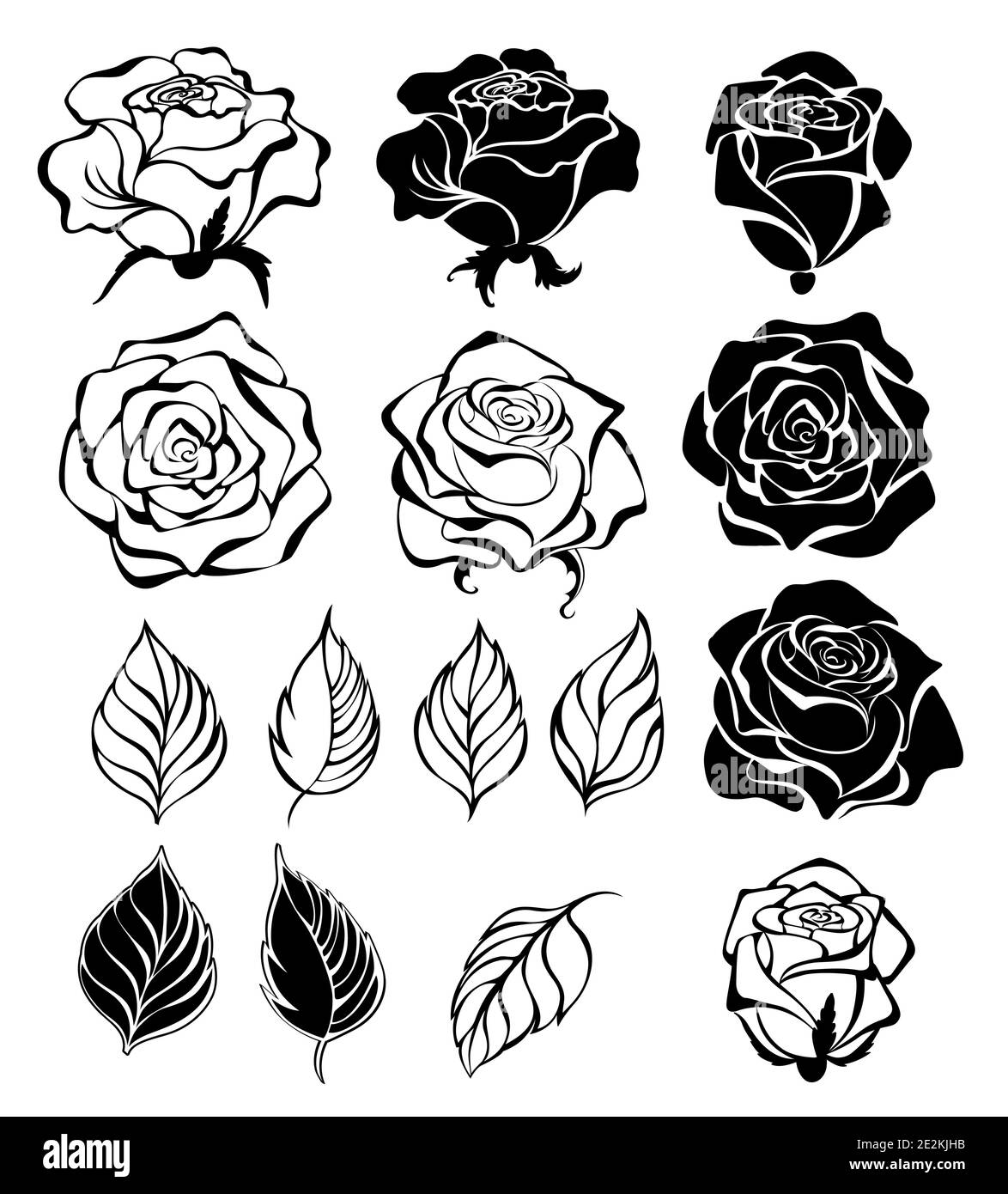 Set di contorni, nero, silhouette, fiori disegnati artisticamente, boccioli e foglie di rose, su sfondo bianco. Illustrazione Vettoriale