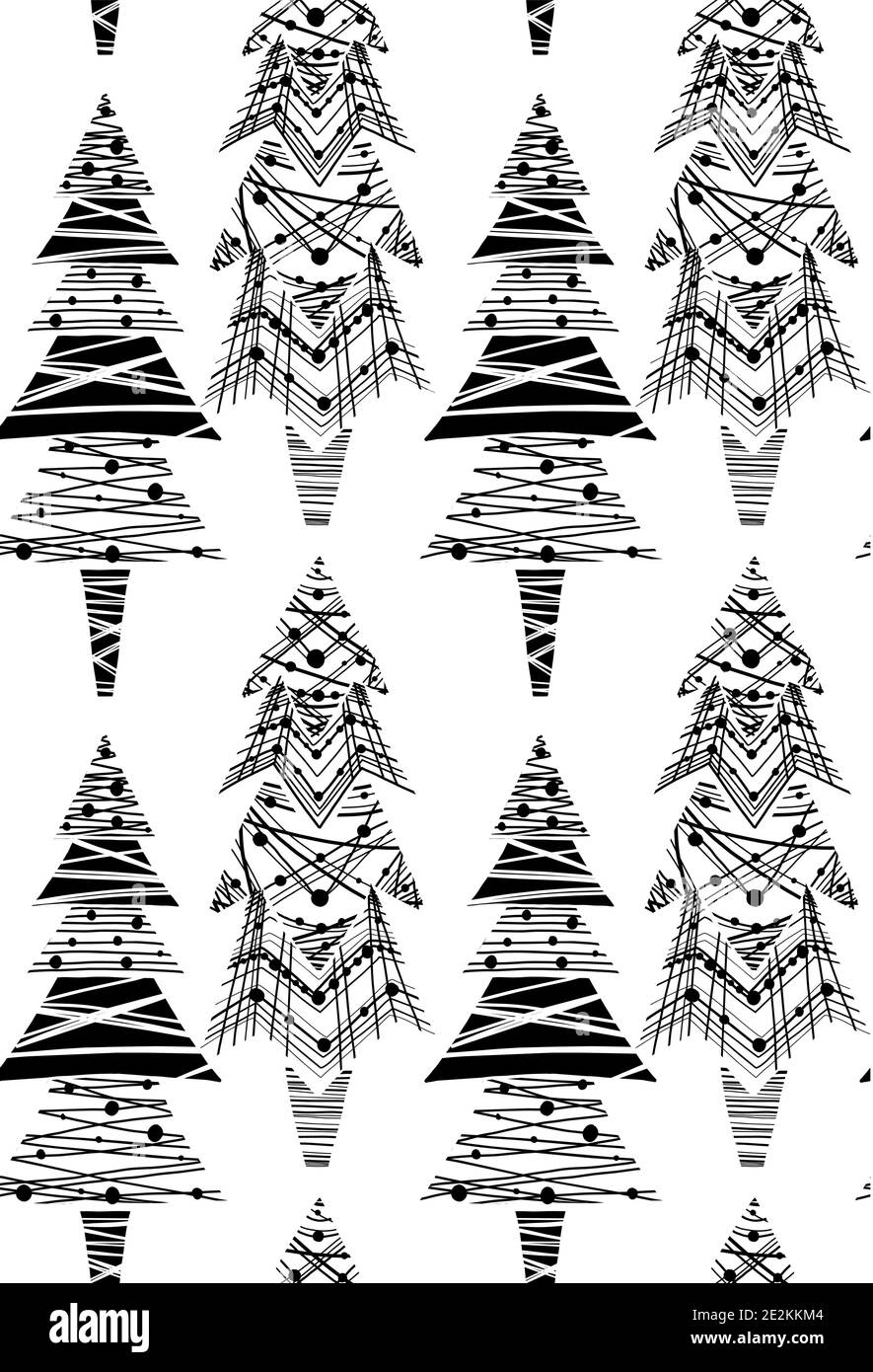 Disegno senza giunture di vari semplici abeti di lagom con cova e giocattoli. Alberi di Natale a matita disegnati a mano. Tessuto Vector Feste Ink per tessuti, Illustrazione Vettoriale