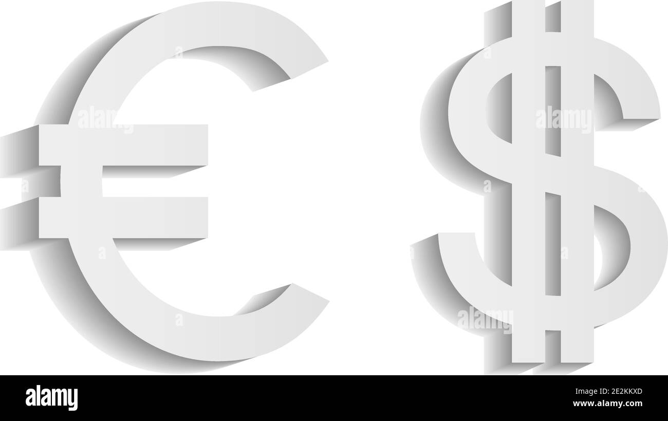 Illustrazione 3D del set di simboli di valuta. Euro con icona del dollaro. Eps10 Illustrazione Vettoriale