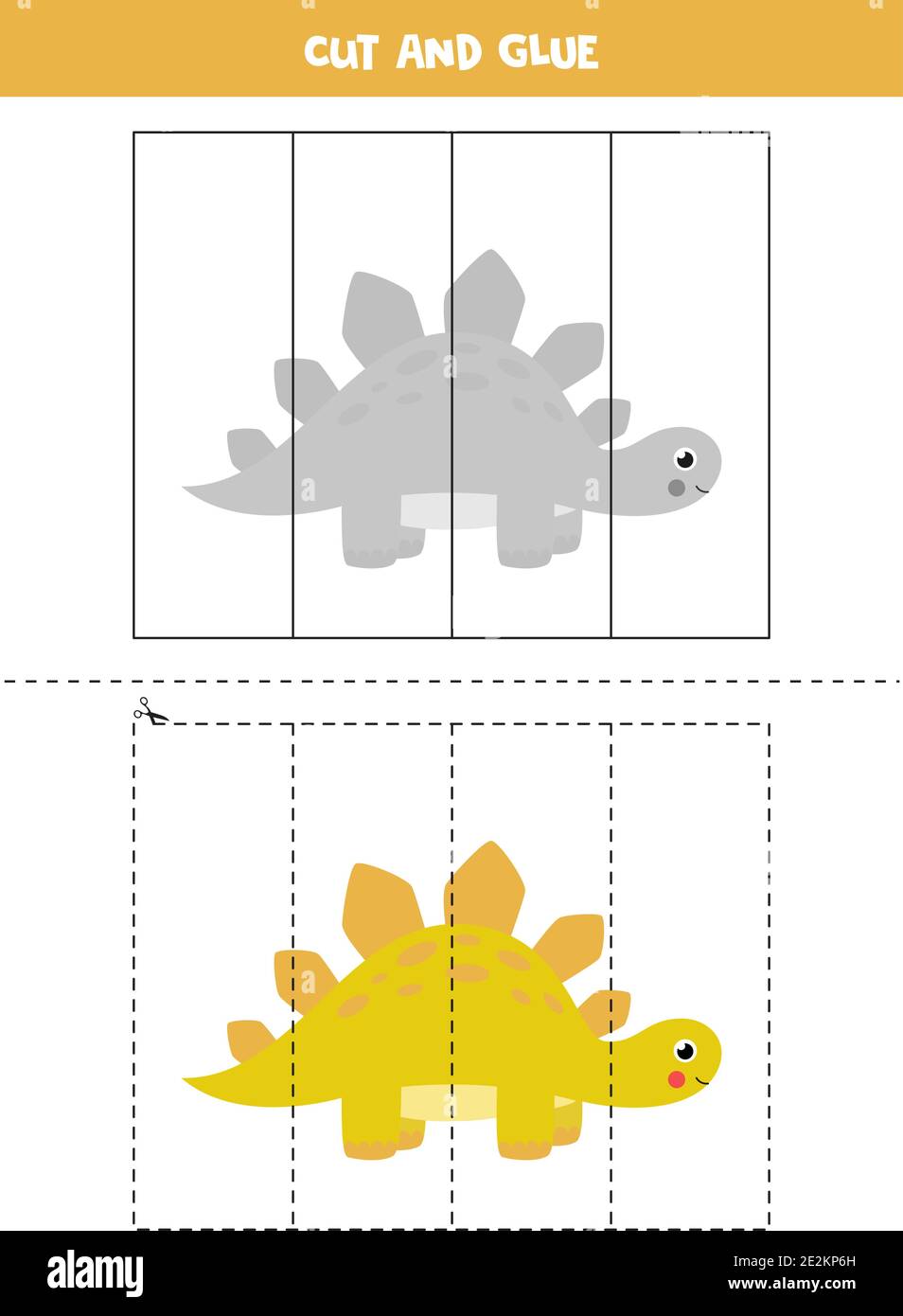 Taglia e colla gioco per bambini. Simpatico dinosauro giallo stegosauro. Pratica di taglio per i preschoolers. Foglio di lavoro didattico per bambini. Illustrazione Vettoriale