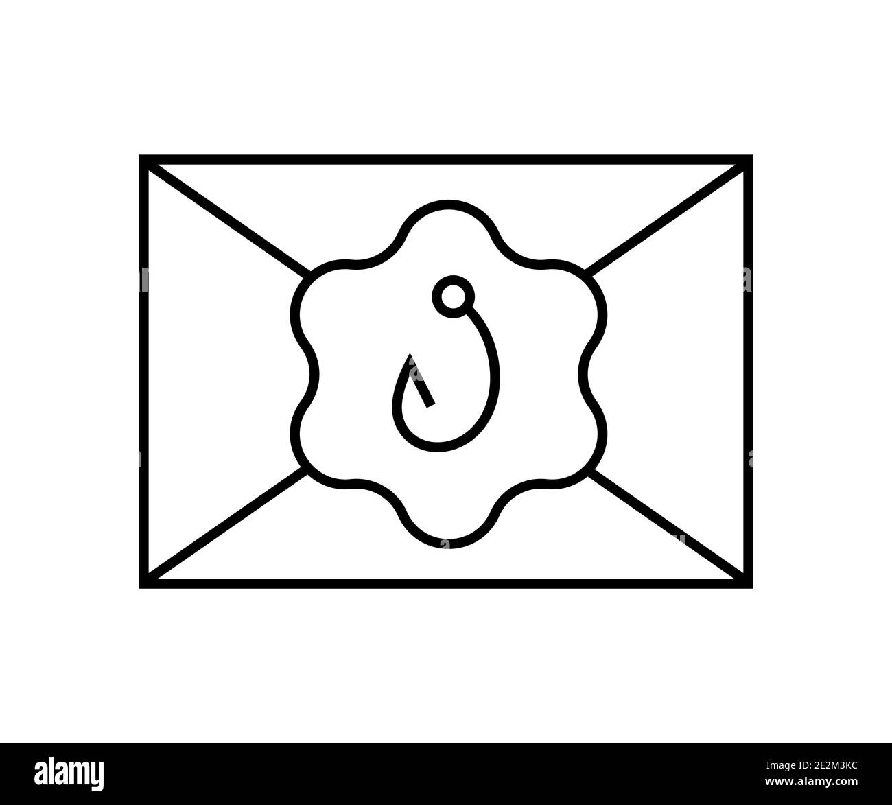 Icona della struttura della sicurezza informatica. Concetto di attacco di phishing. E-mail maliziosa con gancio da pesca. Illustrazione isolata con disegno lineare semplice Illustrazione Vettoriale