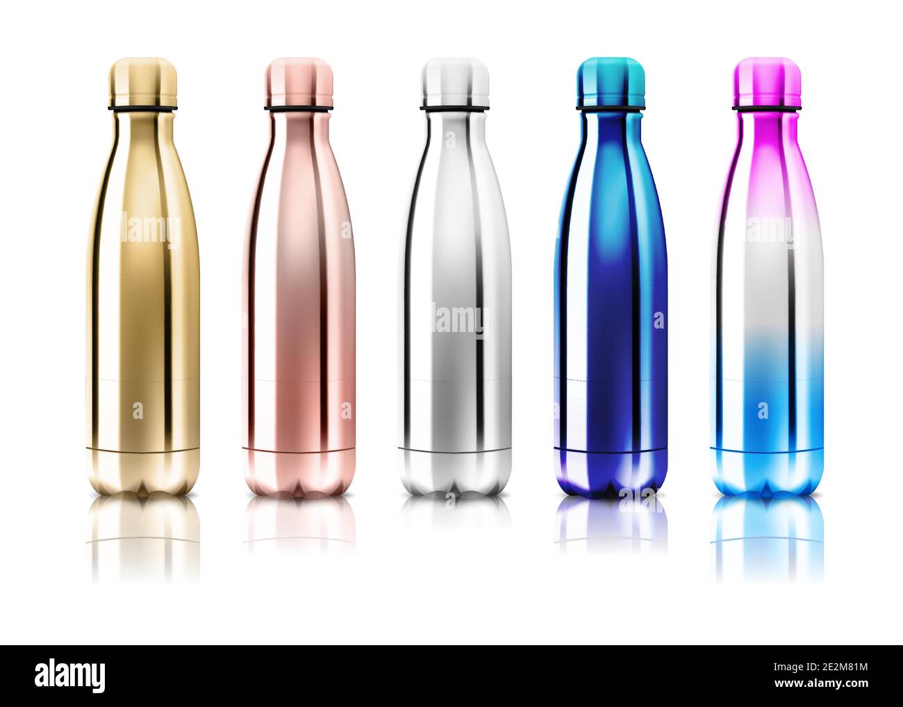 Vector Realistic 3d blu e oro vuoto metallo lucido bottiglia d'acqua riutilizzabile con set di argenti Chioseup su trasparenza griglia sfondo. Design Illustrazione Vettoriale