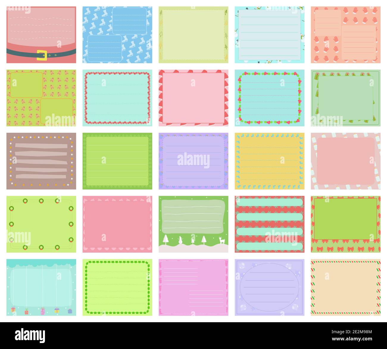 Insieme vettoriale di colori pastello regali di Natale, simpatico colorato mano disegnata illustrazione, etichetta vuota in cornice rettangolare con motivo doodle per decorare Illustrazione Vettoriale