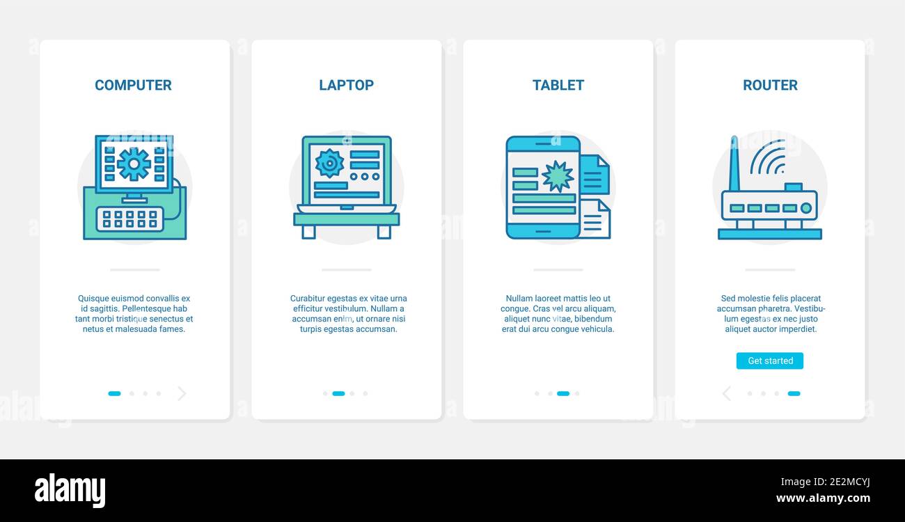 Illustrazione vettoriale della tecnologia dei dispositivi elettronici intelligenti. UX, UI onboarding mobile app page screen tech set con linea di gadget digitali, computer laptop tablet router apparecchiature simboli per ufficio o casa Illustrazione Vettoriale