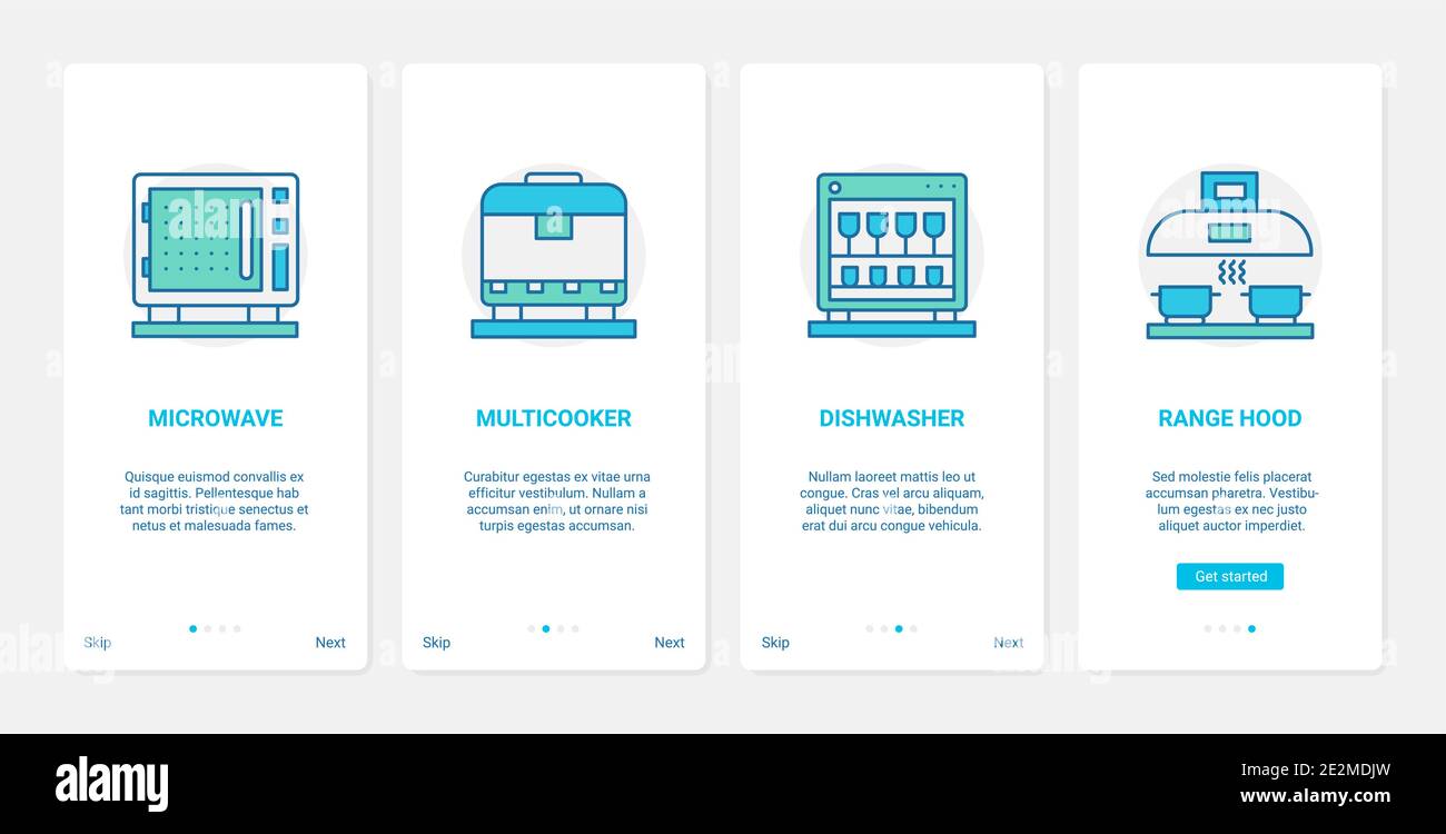 Dispositivi elettronici per la cucina domestica moderna tecnologia vettoriale illustrazione. UX, UI onboarding mobile app page screen set con linea forno microonde multicooker lavastoviglie aspiratore cappa simboli Illustrazione Vettoriale