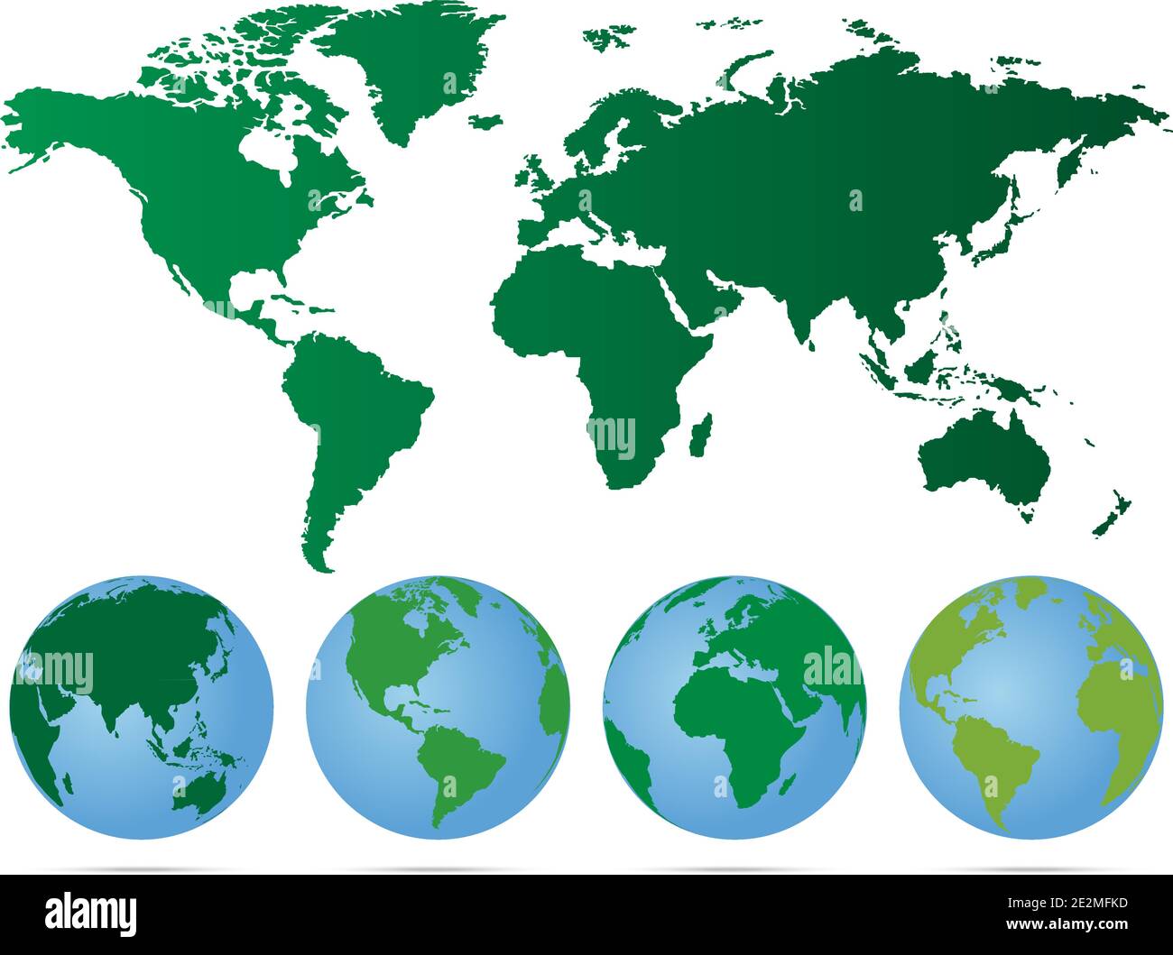 Insieme di globi con continenti diversi e una mappa terra Illustrazione Vettoriale