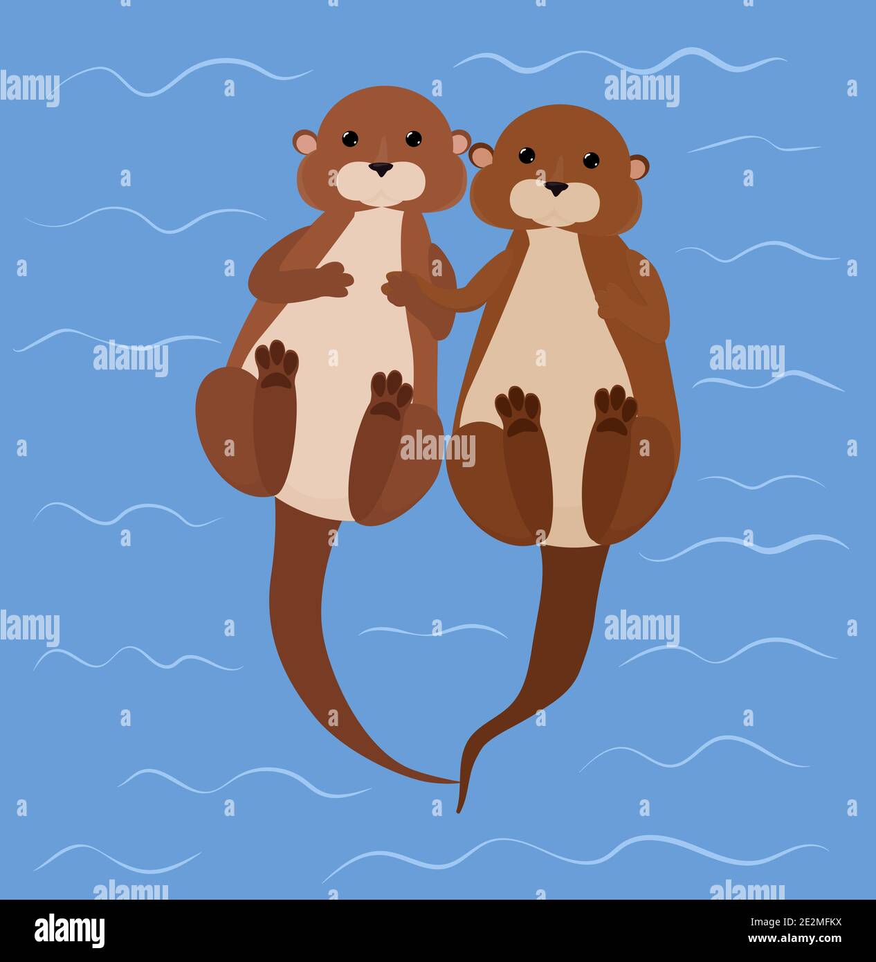 La coppia di otto riposa nuota tenendo in mano le zampe nel fiume blu. Illustrazione vettoriale dell'animale dell'acqua del cartone animato. Illustrazione Vettoriale