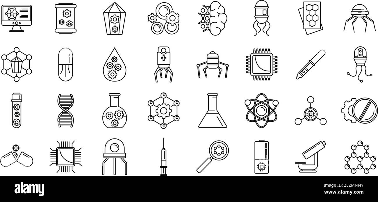 Set di icone per la scienza delle nanotecnologie, stile del contorno Illustrazione Vettoriale