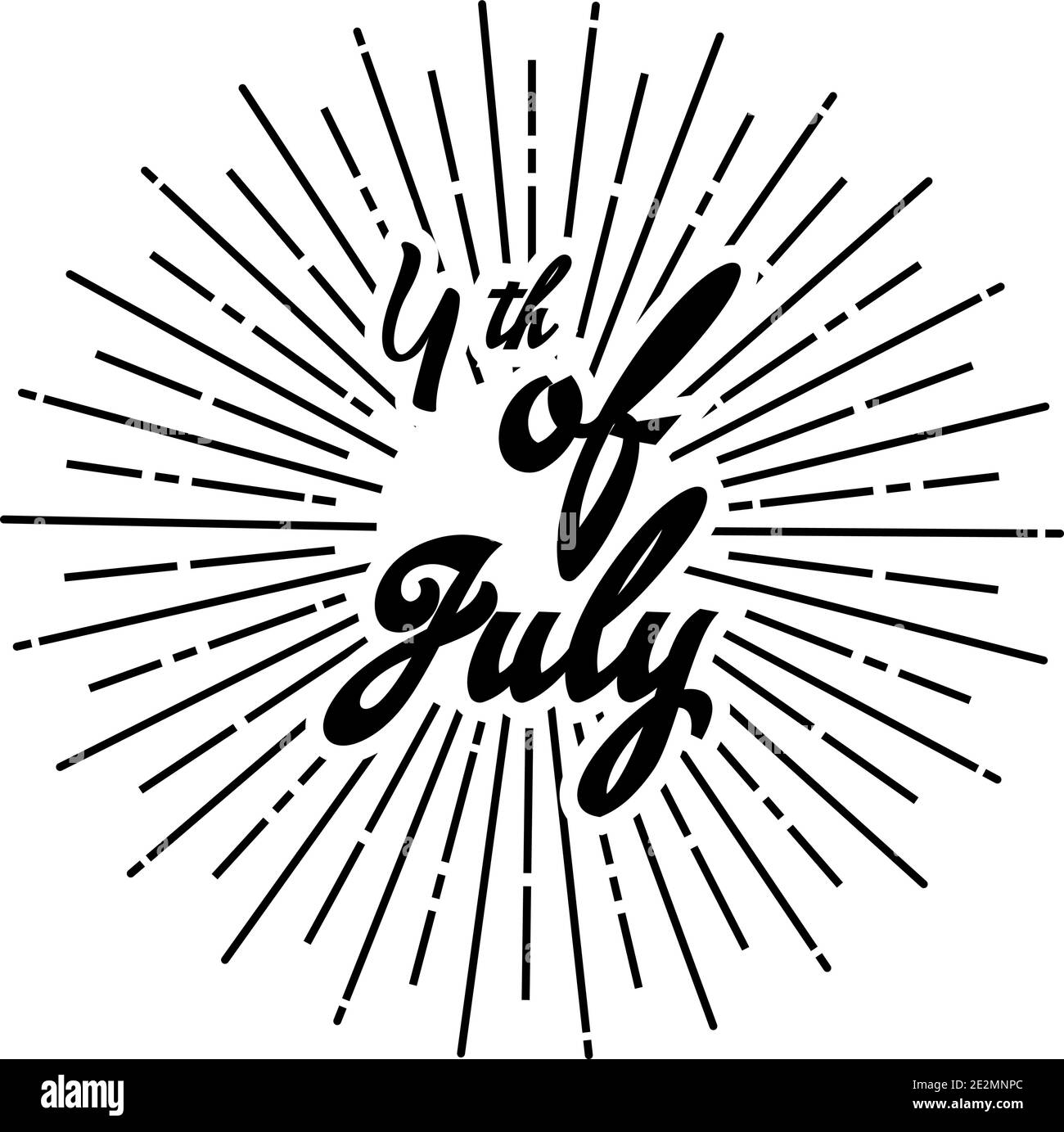 Felice 4 luglio, Independence Day scritta disegnata a mano con raggi di sole Illustrazione Vettoriale