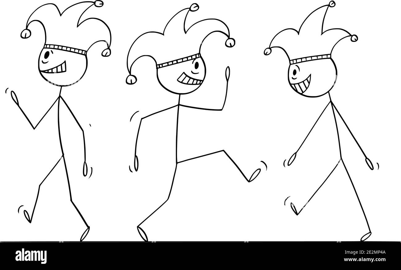 Figura del cartoon vettoriale di figura del bastone di fumetti di persone, pazzi, uomini, gessetti o stolti che camminano in cappello e campane cappuccio di stolto. Illustrazione Vettoriale