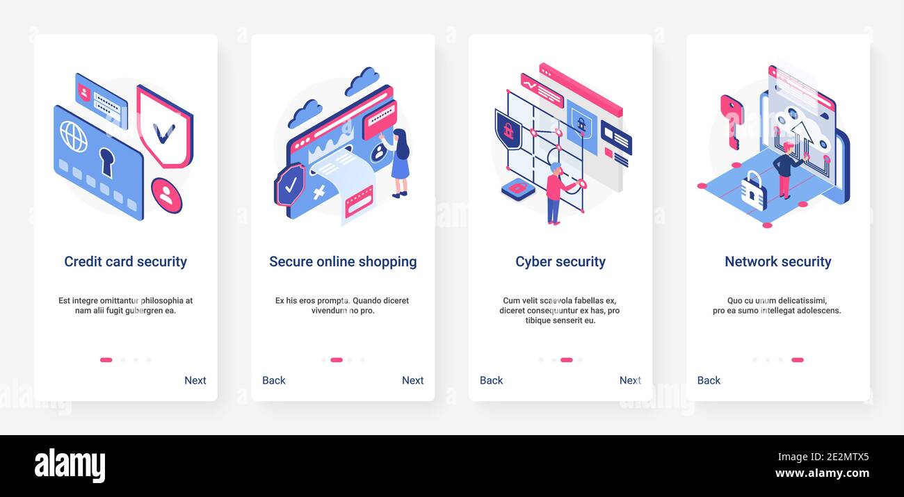 Illustrazione vettoriale della tecnologia digitale della rete di sicurezza informatica isometrica. UX, UI onboarding mobile app page screen tech set con cartoon 3d safe networking, shopping online e pagamento con carta di credito Illustrazione Vettoriale