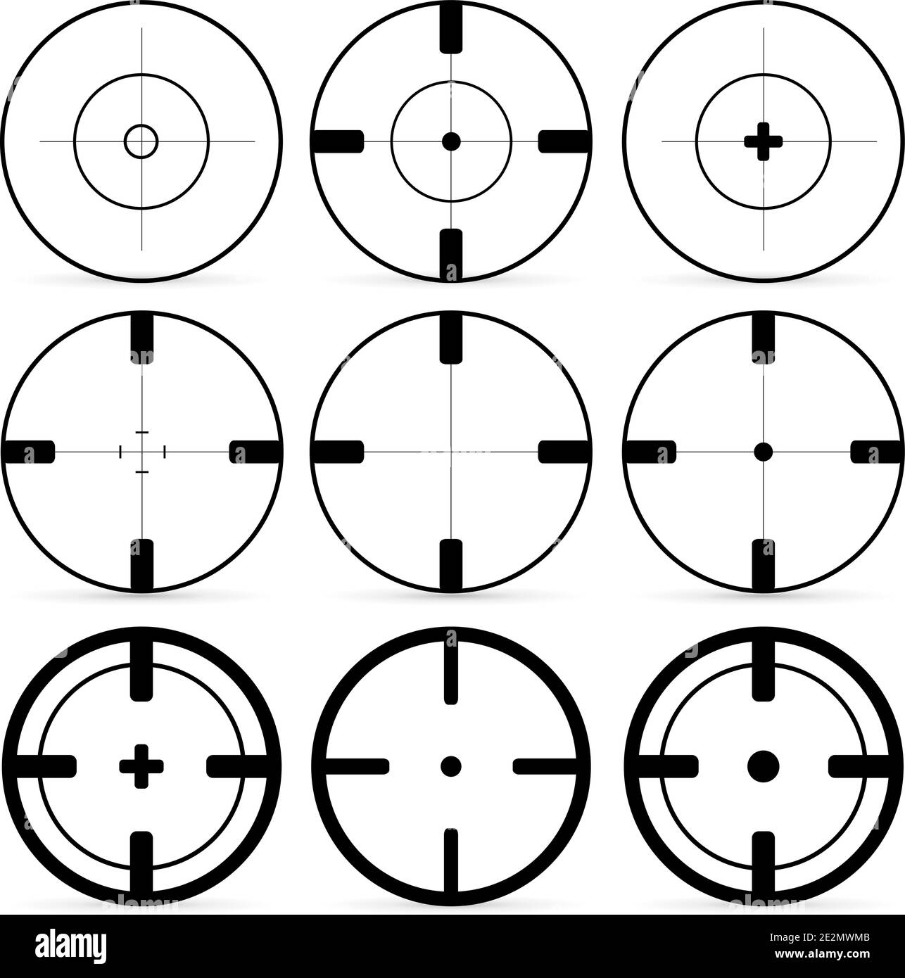 Set di 9 icone di bersagli in stile piatto. Set a croce Illustrazione Vettoriale