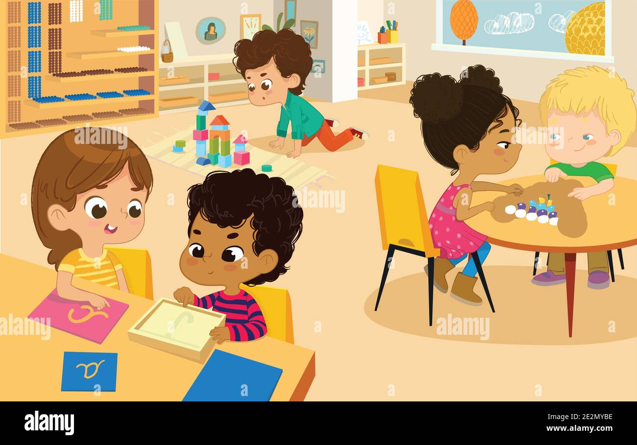 Lezione di scuola di Montessori. Illustrazioni vettoriali di bambini nella sala giochi, ragazzi e ragazze coinvolti nelle attività di Montessori e fare Divertimento. Ontessori it Illustrazione Vettoriale