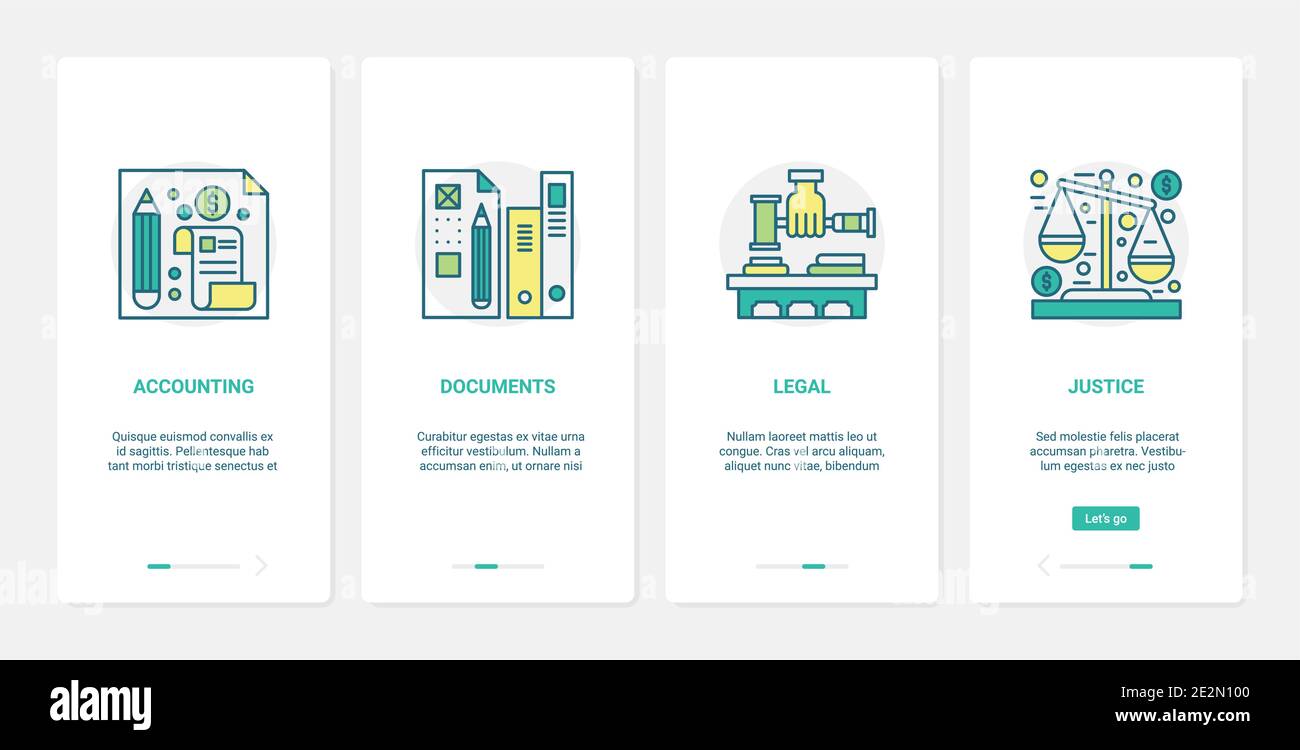 Contabilità delle banche finanziarie, illustrazione dei vettori di servizio legale. UX, interfaccia utente onboarding mobile app page set con tecnologia di gestione finanziaria di linea, flusso di documenti di conto, simboli del tribunale legale Illustrazione Vettoriale