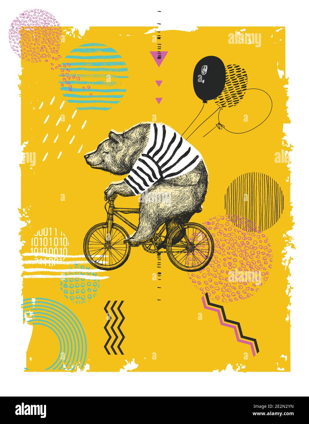 T-shirt Bear Ride Bicycle Balloon Stampa. Bici da bici da bici Vintage Mascot cute Fun Grizzly isolata in bianco. Illustrazione Vettoriale