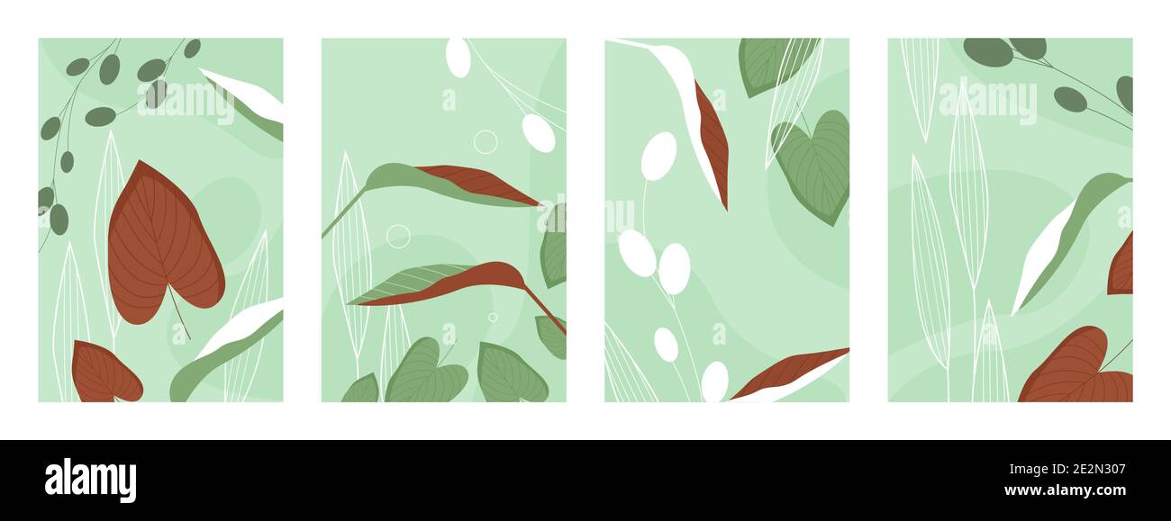 Lascia il set di illustrazioni vettoriali di pattern. Astratto mano disegnata verde marrone foglie naturali, erbe in giardino o prato foresta, foglie diverse in botanica verticale banner template raccolta Illustrazione Vettoriale