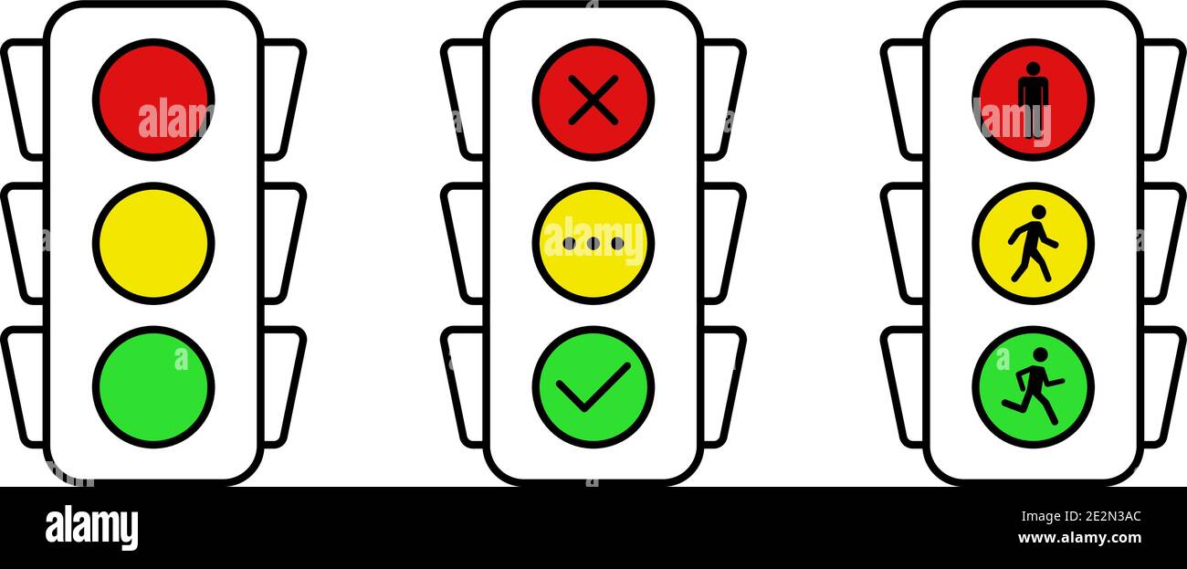 Le icone degli indicatori di traffico impostano sì, no e attendere. Alzati, cammina e corri. Eps10 Illustrazione Vettoriale