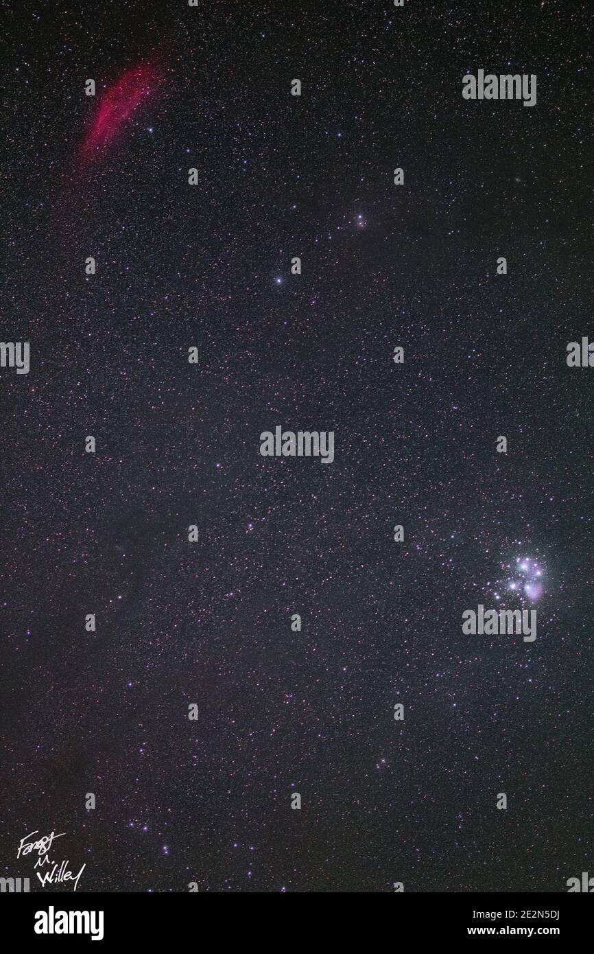 Un'immagine widefield della regione intorno al gruppo stellare Pleiadese e la nebulosa california. Dal fondo si intrecchiano delle polveri interstellari scure. Foto Stock