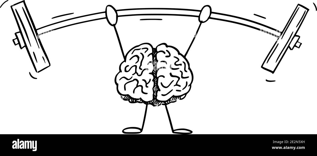 Figura del cartoon vettoriale di figura del bastone del cervello umano forte solleva o addestramento con pesi pesanti o dumbbell. Illustrazione Vettoriale