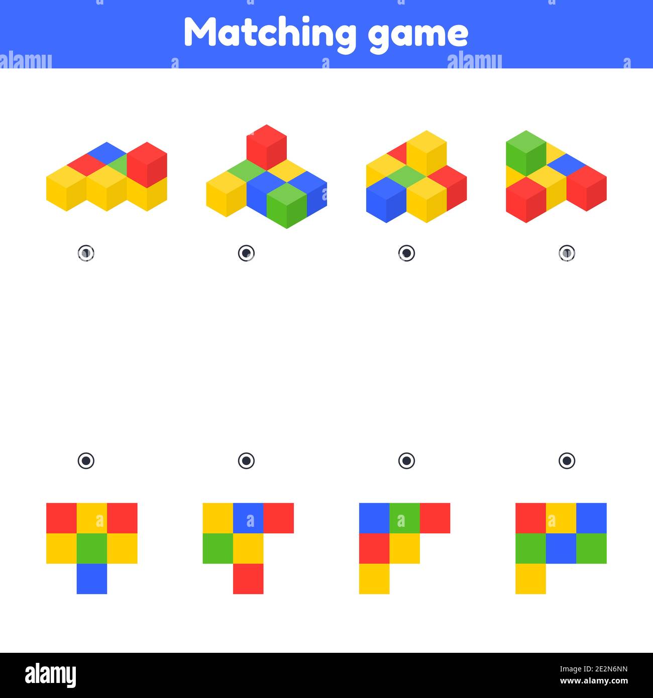 Illustrazione vettoriale. Individuare la vista superiore. Partita corrispondente. Cubi colorati. Foglio di lavoro per bambini asilo, scuola prescolare e età scolastica. Illustrazione Vettoriale