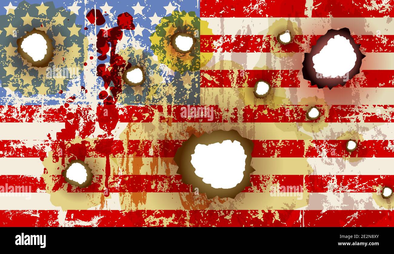 Bandiera degli Stati Uniti grugnosa con buchi proiettili, rivolte del Campidoglio di washington, illustrazione vettoriale Illustrazione Vettoriale