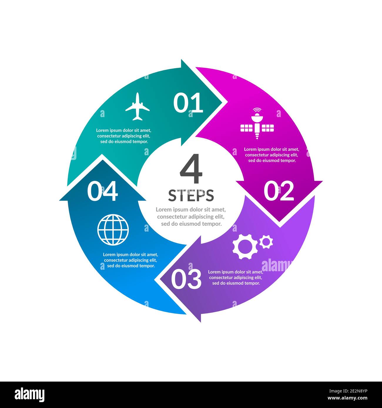 Infografica frecce circolari. Grafico o grafico a ciclo. 4 passaggi o opzioni diagramma colorato. Modello di presentazione del concetto aziendale. Layout del rapporto annuale. Illustrazione Vettoriale