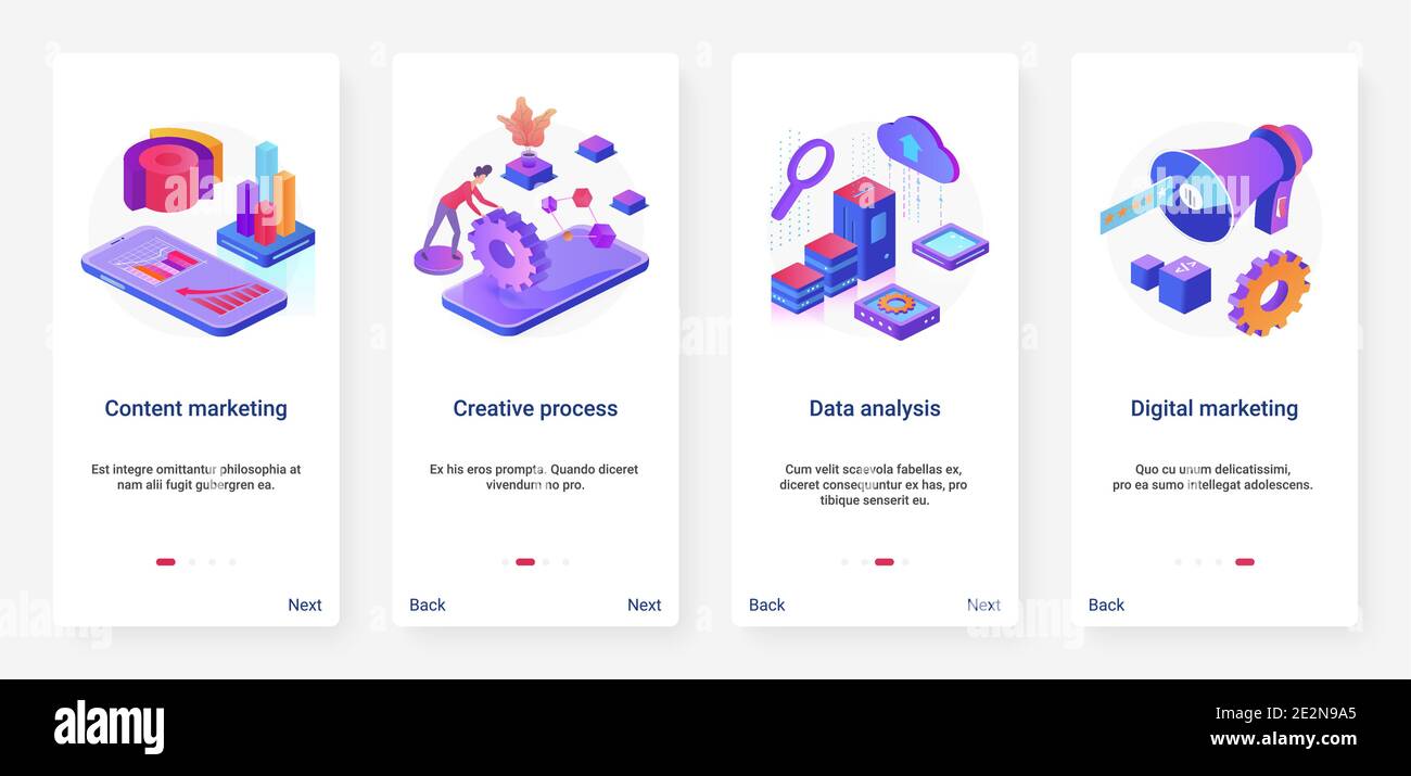 Content marketing creativo tecnologia digitale illustrazione vettoriale. UX, UI onboarding mobile app page set con cartoon 3d processo di analisi dei dati tecnici per la promozione dei social media, servizi aziendali Illustrazione Vettoriale
