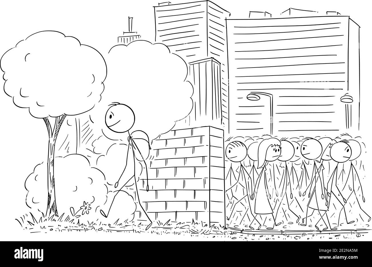 Immagine vettoriale del cartoon stick illustrazione dell'uomo che lascia la grande città con la folla e a piedi in viaggio nella natura. Illustrazione Vettoriale