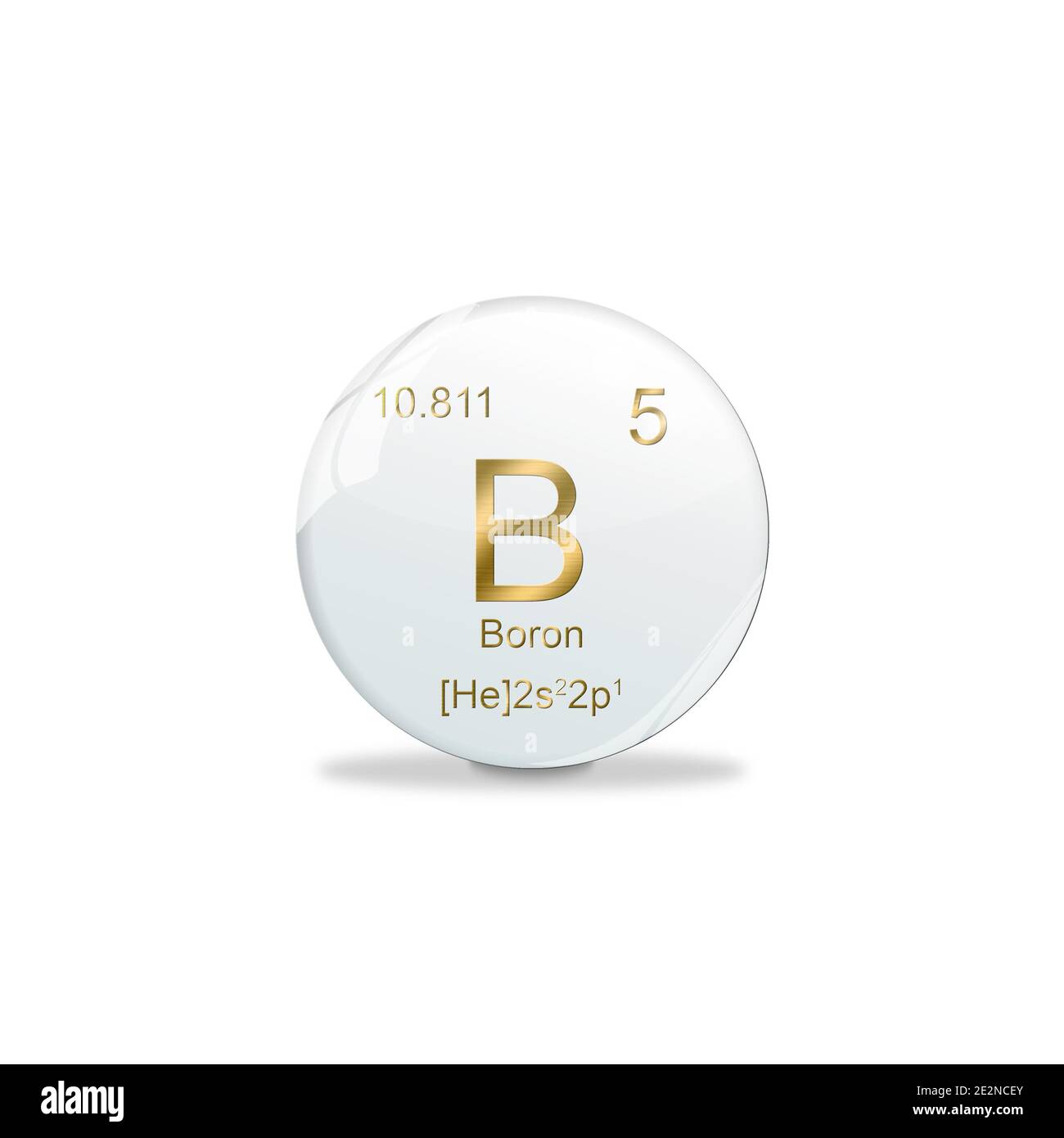 Simbolo di boro - B. elemento del tavolo periodico su pallina bianca con segni dorati. Sfondo bianco Foto Stock