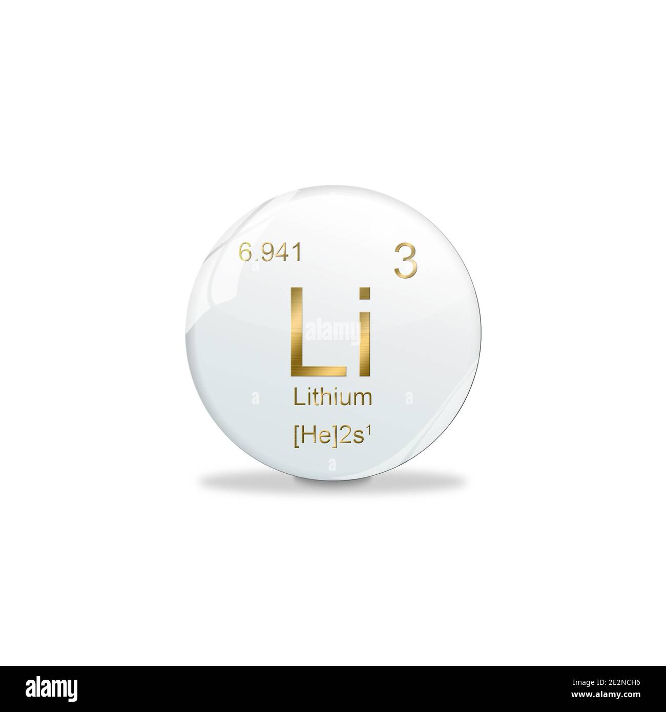 Simbolo litio - li. Elemento del tavolo periodico su pallina bianca con segni dorati. Sfondo bianco Foto Stock