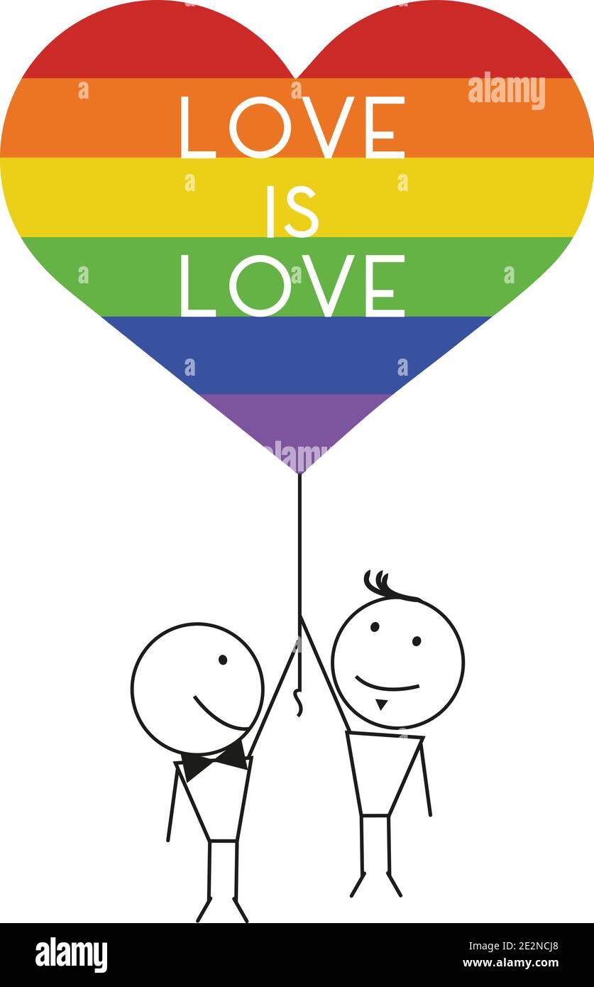 Disegno vettoriale di uomini gay coppia in amore tenendo il pallone a forma di cuore. L'amore è amore. Concetto di accettazione LGBTQ Illustrazione Vettoriale