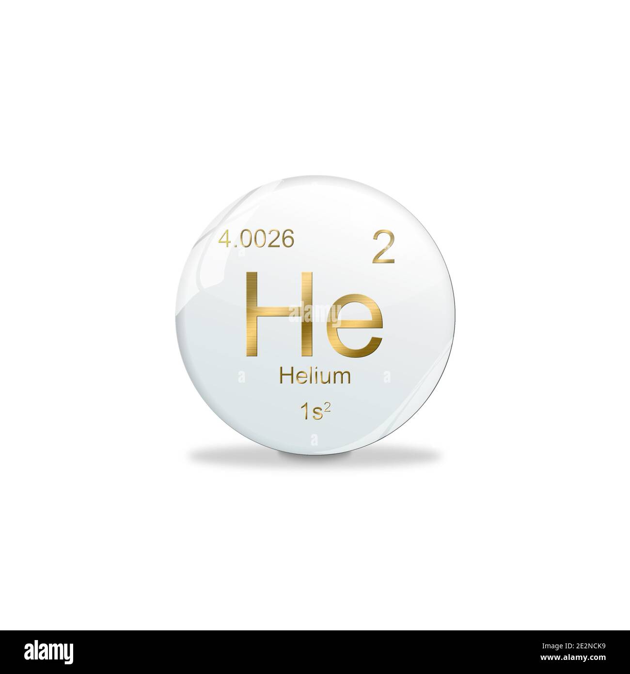 Simbolo dell'elio - HE. Elemento del tavolo periodico su pallina bianca con segni dorati. Sfondo bianco Foto Stock