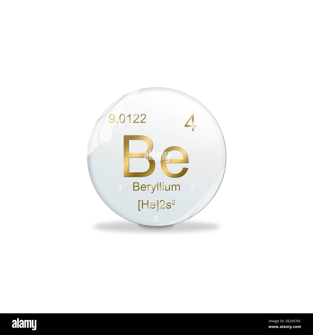 Simbolo berillio - BE. Elemento del tavolo periodico su pallina bianca con segni dorati. Sfondo bianco Foto Stock