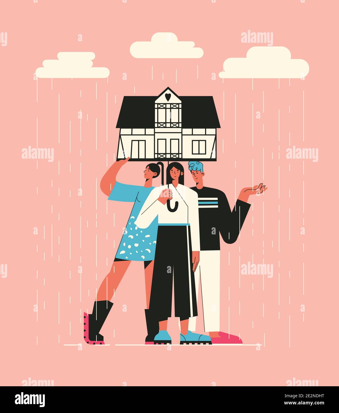 Illustrazione di un amico sotto l'ombrello sotto forma di tubo flessibile in una giornata piovosa. Famiglia a casa, aiuto e concetto di supporto. Illustrazione piatta Illustrazione Vettoriale